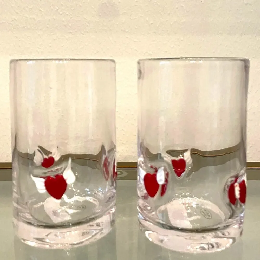 Icon Winged Heart Inlay Drinking Glasses 5in Set of 2 Red White Valentine NEW